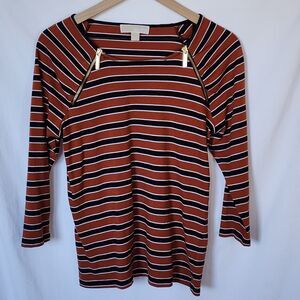 Michael Kors Gold Logo Zipper Accent Stripped Women's Long Sleeve Knit Top Large